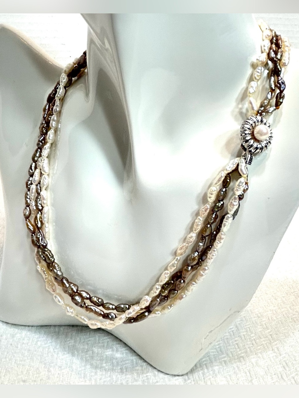 Multi Strand Freshwater Pearl Necklace Floral Sterling Silver Pearl Clasp 16”